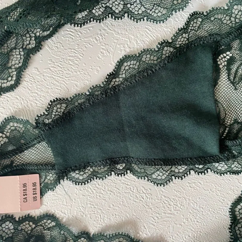 Victoria’s Secret Green Lace Thong Panty S NWT Floral Sheer Lingerie